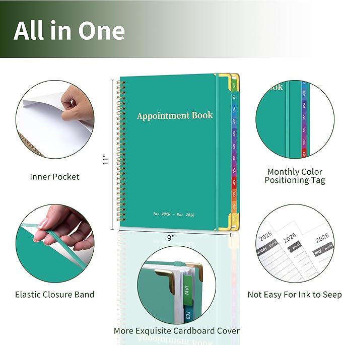 Appointment Book 2026 with Colorful Tabs ,Hardcover Weekly & Monthly Appointment Planner from Jan 2026-Dec 2026 ,Daily 7AM - 10 PM Hourly Schedule Planning for Salon,Client,12 Monthly Calendar 9" x 11", Blue