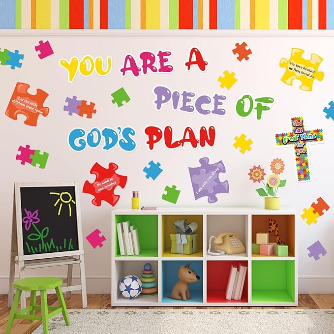 67 Pieces Christian Bulletin Board Religious Gods Plan Sunday School Decorations Bible Verse Holiday Cutouts for Classroom Sunday Puzzle Decor for School for Door Wall Decor Supplies