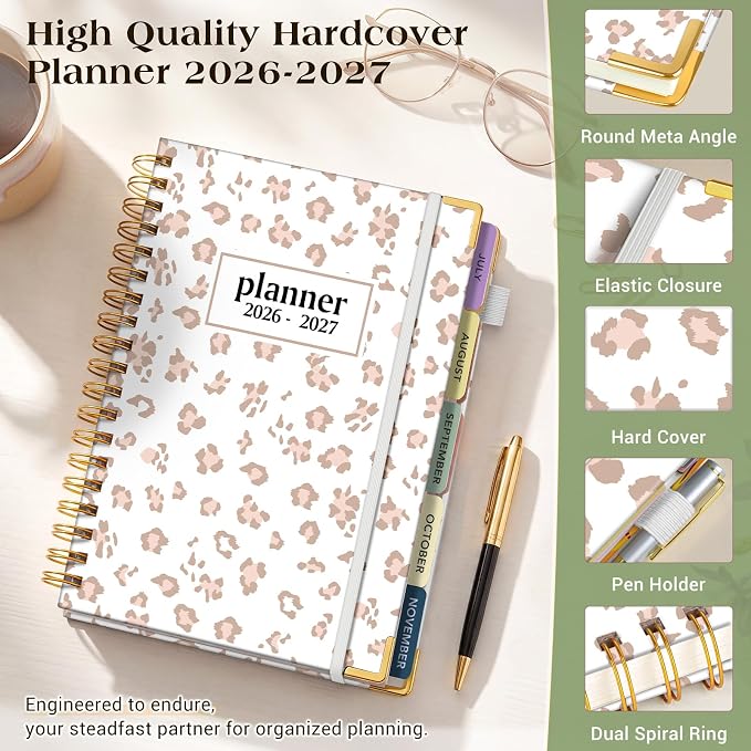 Academic Planner 2026-2027, 18 Months Weekly and Monthly Calendar Planner from July 2026 - December 2027, 7.3" x 10" B5 Large Hardcover Agenda Organizer Book with Tabs, Yearly Daily Planners for School Work Student Teacher, White Leopard