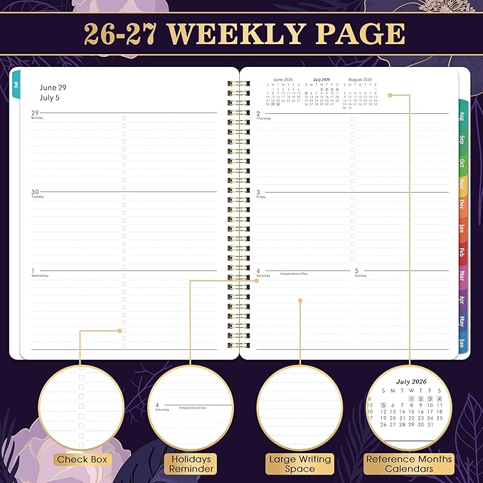 Planner 2026-2027 - Academic Planner 2026-2027, July 2026 - June 2027, Weekly & Monthly Planner, 8'' x 10", Calendar Planner, Colorful Monthly Tabs, Twin-wire Binding, Back Pocket, Holidays, Purple