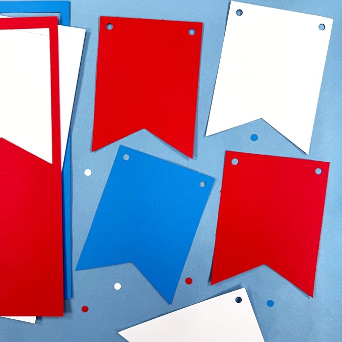 80 pcs Paper DIY Banner Flags Patriotic RED, WHITE AND BLUE Pennant Banners, Large (3.75 x 5 in), US Made Card Stock Punch Out Blank Pennants for 4th of July Party Decorations, Festive Parties