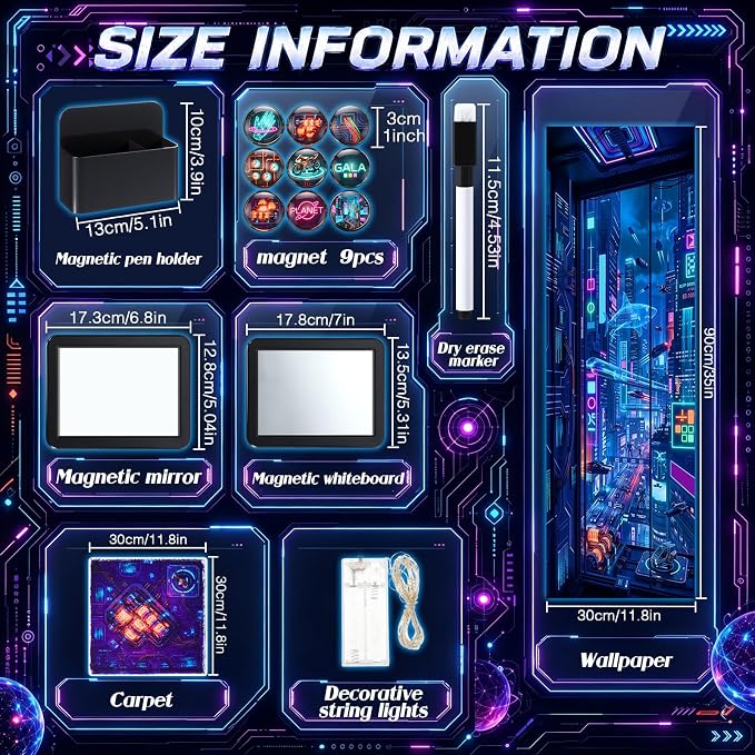 Kingdder 22 Pcs Cyber Theme Locker Accessories Kit Magnetic Refrigerator Magnets Mirror Whiteboard Pen Holder Hook Locker Wallpaper Rug Marker String Light for Back to School Party Decorations