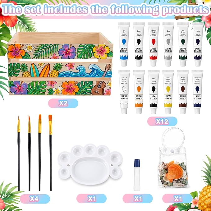 Huwena 2 Pack DIY Bikini Box Kit- DIY Painting Bikini Bin, 16 * 12 * 8in Wooden Crates with Shells, Paint for Crafts Assembly Summer Pool Basket for Hawaiian Tropical Beach Storage(2 Pack)