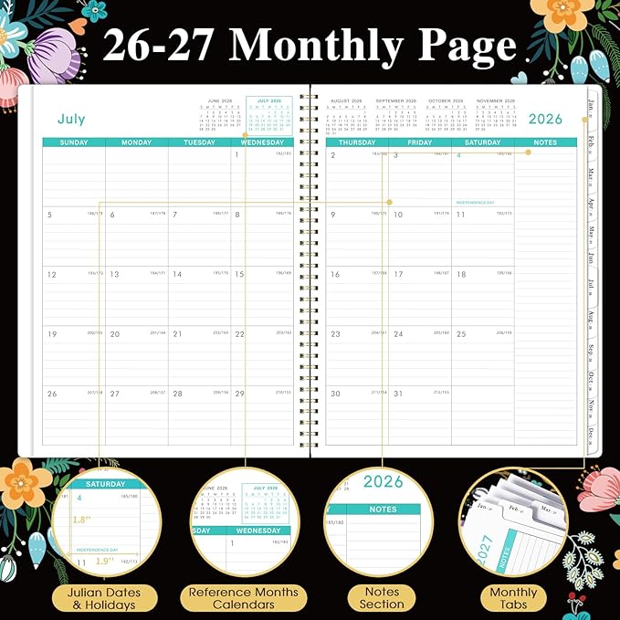 2026-2027 Monthly Planner - Monthly Calendar Planner, July 2026 - December 2027, 8.5" x 11", 18 Month Planner with Back Pocket, Twin-Wire Binding - Floral
