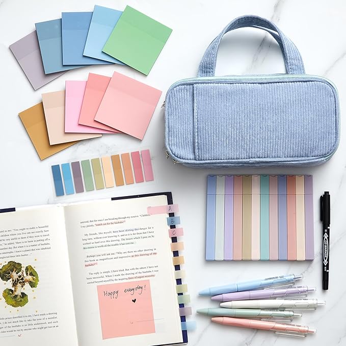 Jutom 39 Pcs Aesthetic Book Annotation Kit Highlighter with Pencil Case Bag Gel Pen Transparent Sticky Note Taking Bible Study College School Supplies(Dusty Blue,Classic Style)