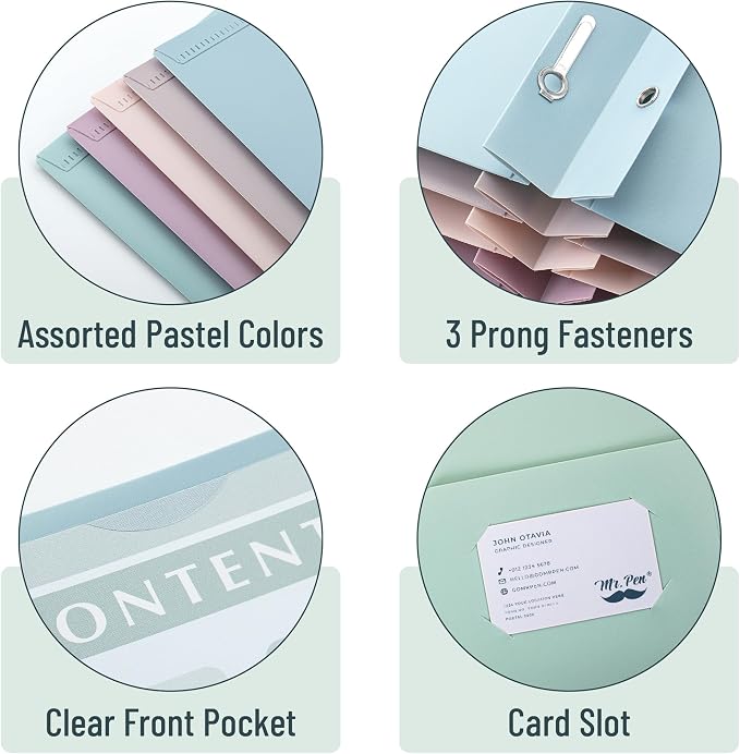 Mr. Pen- Plastic Folders with Pockets and Prongs, 20 Pack, Letter Size, Assorted Pastel Colors, Flexible Plastic Folders with Prongs, Clear Front Pocket, Card Slot & Color-Coded Cover Papers