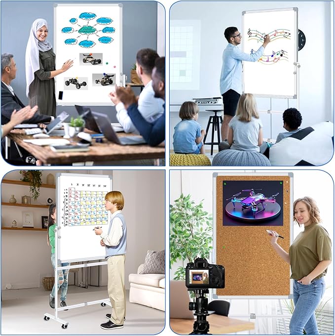 Max-officoo Double Sided Cork Board and White Board 24"x36" Mobile Whiteboard with Stand, Adjustable Height and Angle Magnetic Rolling Dry Erase Board on Wheels for Office, School, Home