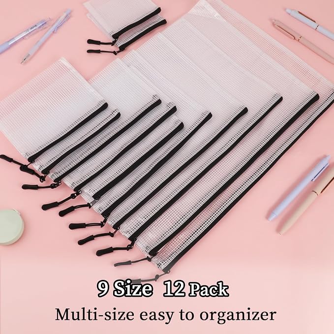 MultiBey Black Mesh Zipper Pouch 12 Pack, 9-Size Clear Zipper Pouches Storage Bags, Waterproof Travel Pouch for School Office Supplies, Puzzles & Games Organizing Storage (Multi-Size