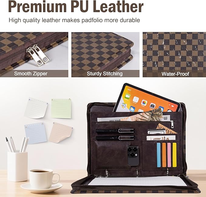 Calfinder Personalized Portfolio Binder for Women&Men, Free Name Engrave,Customized Leather Padfolio with Logo or Name,3 Ring Zippered Padfolio with Pad 13" Holder for Interview（Brown-Grid）