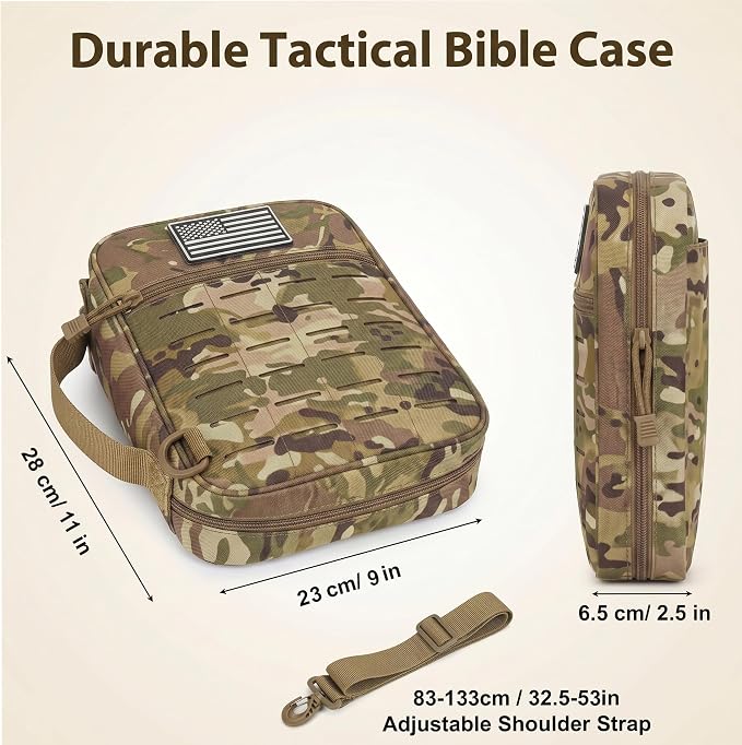 Tactical Bible Cover for Men, Large Bible Case with Shoulder Strap & US Flag Patch, Water Resistant Bible Carrier Bag with Handle, Multi Pockets for Church Study & Travel （Camo）