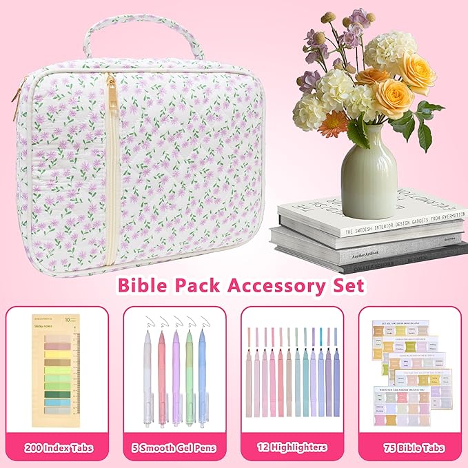 Bible Cover for Women, Large Quilted Case with Handle, Durable Bag and Carrying Case for Girls, Study Supplies Accessories, Christian Gift for Women (Purple Mini Floral, Large-Bag Set)