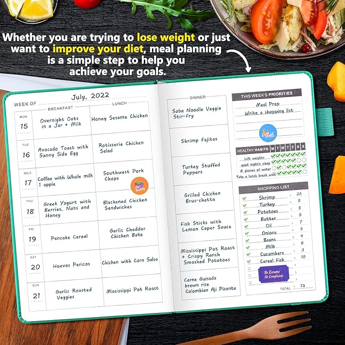 JUBTIC Meal Planner Notebook, Weekly & Daily Meal Prep Journal with Shopping and Grocery Lists for Food Planning Menu Planning Healthy Diet and Habits Tracker, Last 1 Year,Undated, A5, Green