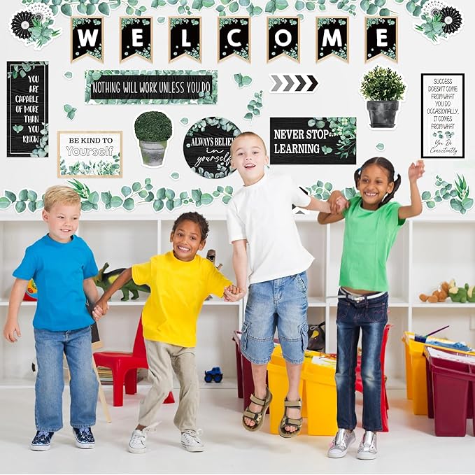 FYSUIMU 47Pcs Modern Farmhouse Inspirational Bulletin Board Welcome Banner Eucalyptus Greenery Paper Cutouts with 100Pcs Glue Points for Back to School Party Classroom Craft Wall Decor