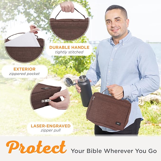 Christian Art Gifts Polyester Bible Cover for Men & Women w/Jesus Fish Patch, Secure Zipper Pocket, Pen Loops, Easy Carry Book Case for Stationery, Accessories, Brown, Large
