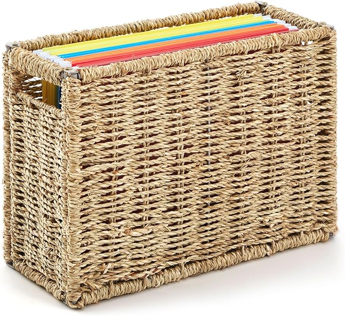 Teenyyou 1 Pack Seagrass Hanging File Box 14.5 x 6 x 10.8 Inch Decorative File Basket Woven Document Organizer with Handle Collapsible Letter Size Filing for Office Home Storage Decor