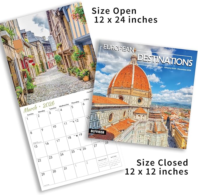 European Destinations 2026 Wall Calendar | 12" x 24" Open Hangable Monthly | Thick & Sturdy Paper | Take a Tour of Europe | Family Planner Calendar