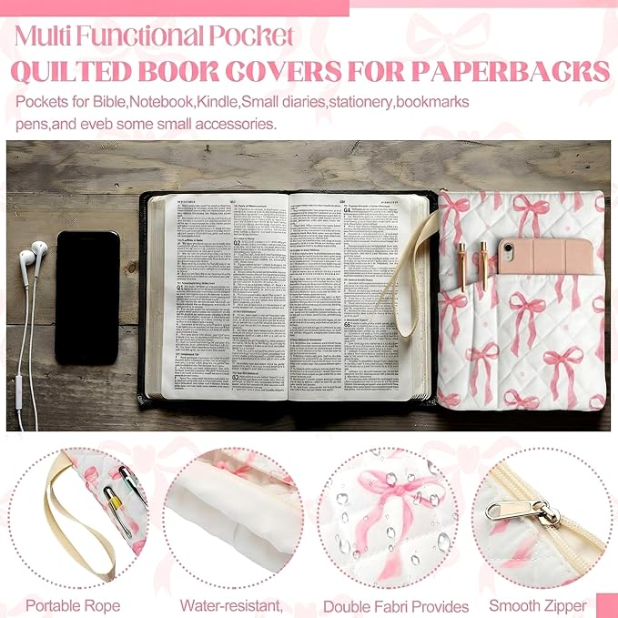 Gilprop Bible Book Sleeve with Zipper 11" x 9" Padded Protector Washable Quilted Book Covers Pink Bow Printed Bible Pouch with Handle Pockets Protector for Books Lover Christian Gifts