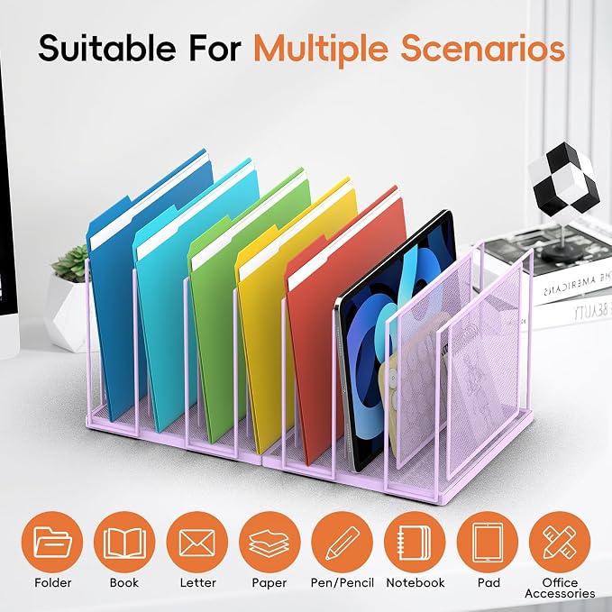 Desk File Organizer, 7 Section Vertical Metal File Organizer for Desk, Desktop File Organizer Stand, Paper Folder Organizer for Office Home Classroom Storage (Purple, 7 Section)
