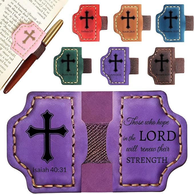 Personalized Leather Bookmark with Pen Holder - Magnetic Bible Verse Design, Christian Book Lovers Reading Accessory, for Book Lovers Men Women (Purple, lsaiah 40:31)