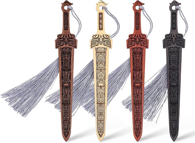 Nogeqi 4 Pcs Wooden Sword Bookmark,Cool Bookmarks with Tassel,Vintage Book Marks for Reading Men,Reading Page Markers for Men Teacher and Student Office School Library Bookstore(Black Brown)