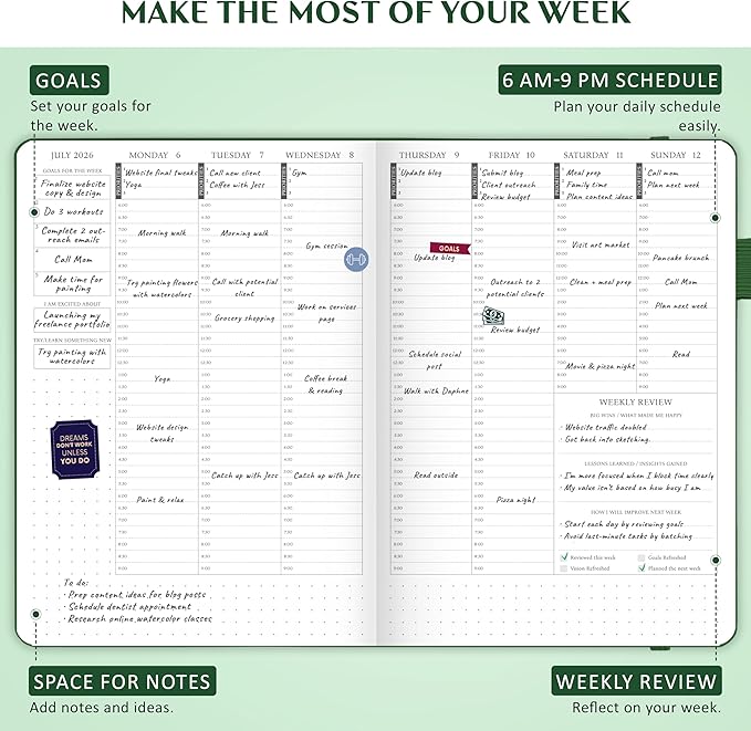 Legend Dated Hourly Weekly Planner 2026 – Daily, Monthly & Yearly Agenda with Time Slots – Hardcover Organizer Journal, 5.8x8.3” (Dark Green)