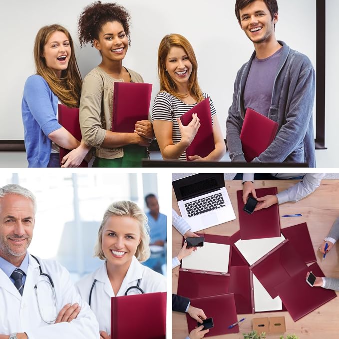 Cholemy 72 Packs Pocket Folders with Prongs Heavy Duty Plastic Folder with Business Card Slot 3 Prong Fasteners for School Office (Burgundy)