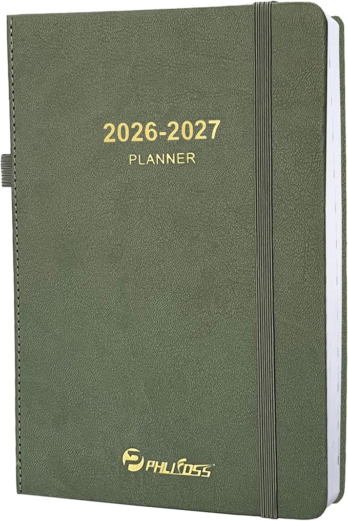 Daily Planner 2026-2027, One Page Per Day, Academic Calendar (July 2026 - June 2027), Appointment Book with Time Slots and Monthly Tabs, 5.7" x 8.25", Pocket, Leather Cove (Green)