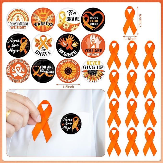 122 Pcs Ribbons Awareness Accessories Includes Ribbons Bracelets Stickers Pins Pens Keychain for School Charity Fundraiser Public Activities Supplies(Orange Ribbon,Orange)