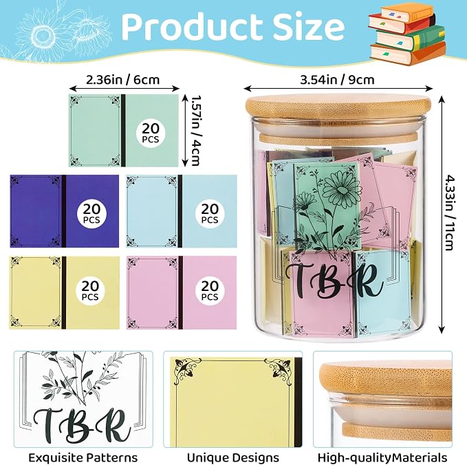 TBR Jar Gifts for Book Lovers Reading Accessories To Be Read List Jar with 100 Colorful Notes Bookish Bookworm Gift for Book lover (Style 1)