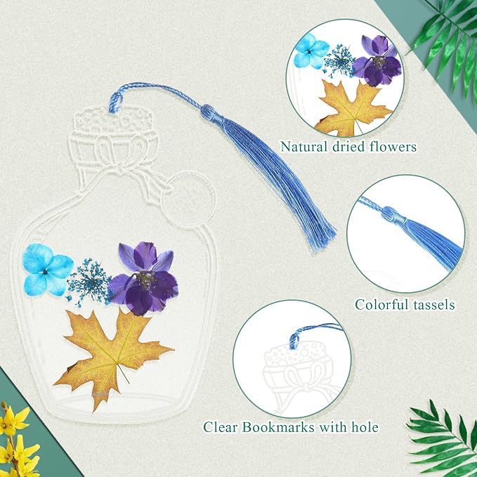 TaoBary 161 Pcs DIY Transparent Dried Flower Bookmark Set Include Clear Bookmarks Dried Flowers Colorful Tassels and Tweezer Handmade Dried Floral Bookmark for Reader Book Bottle(Cute)