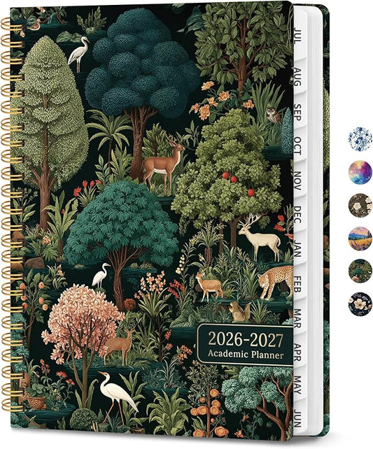 Planner 2026–2027, Academic Planner Weekly and Monthly Calendar Jul 2026 – Jun 2027 Hardcover Planner with Tabs and Pocket, Spiral Bound Agenda Book for Student & Teacher, 8.5" x 11", Enchanted Grove