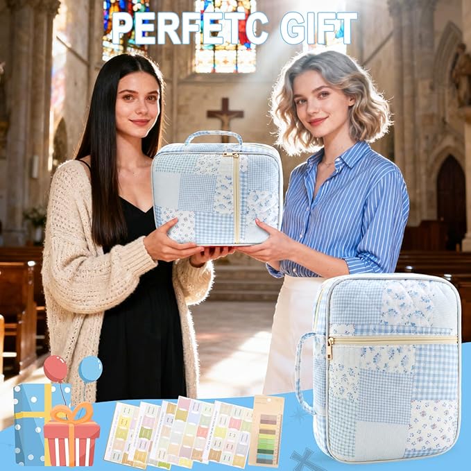 Zkptops Bible Cover Case for Women Large Bible Bag Cotton Quilted Bible Carrying Case with Zipper Pocket and Handle Carrying Book Cover for Christian Study Supplies Christian Gift(Blue Checkered)