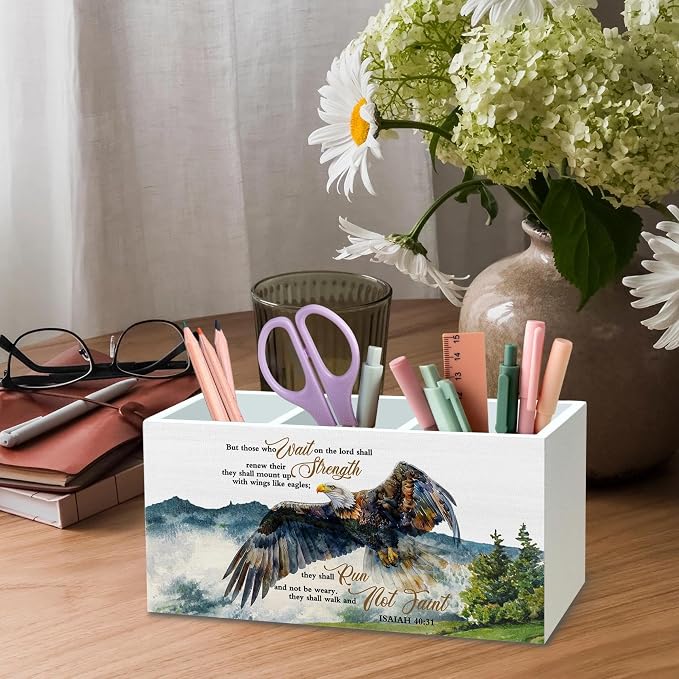 DILSJ Christian Inspirational Pen Pencil Holder Organizer for Desk, Inspirational Gifts for Women, Bible Verse Scripture Eagle Wooden Box Signs for Church Prayer Room Desk Tabletop Decoration Supplies