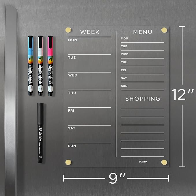 Magnetic Acrylic Meal Planner, Menu & Shopping List Board for Fridge, 9” x 12” Clear Refrigerator Organizer, Includes 4 Magnetic Wet-Erase Markers, Black Corner Magnets