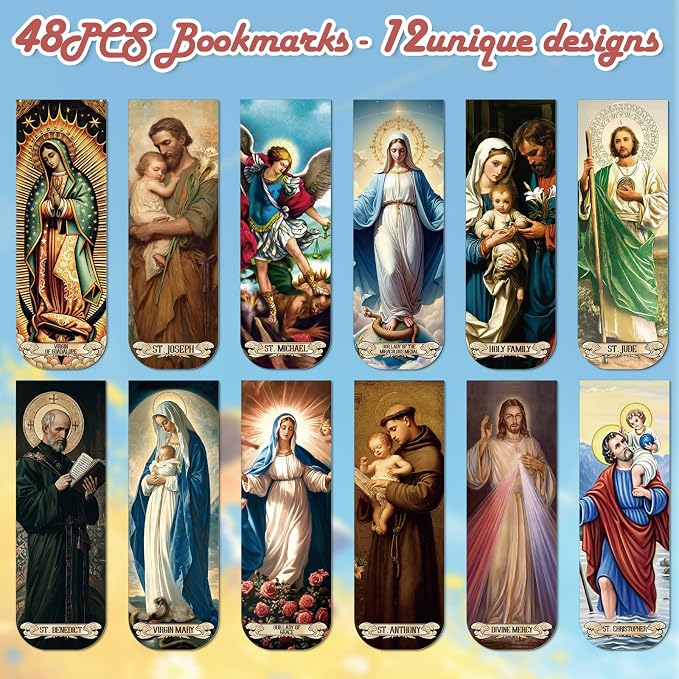 Wxiben Catholic Magnetic Bookmarks Gifts - 48 Pcs Religious Prayer Saints Magnet Book Page Markers Jesus Bible Verse Bookmark Clips Gift for Men Women Book Lovers Reading School Church Office Supplies