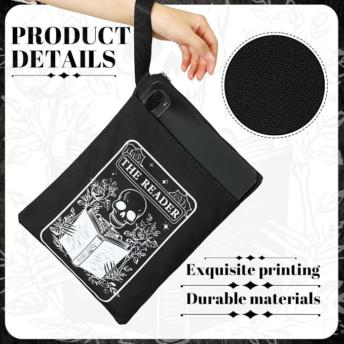 Feifeiya 2 Pcs Book Sleeves Gothic Skeleton Skull Canvas Book Cover Pouches with Zipper Washable Front Pocket Gifts for Books Lover Reader Reading