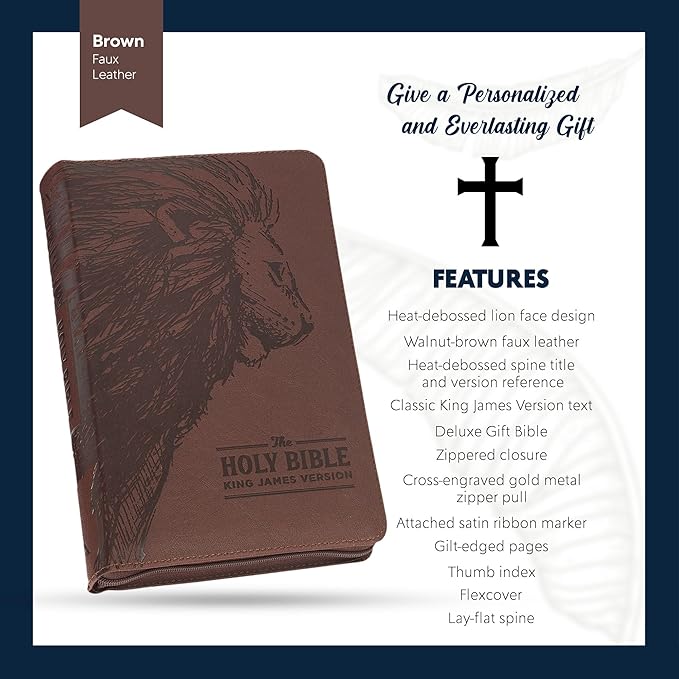 Personalized KJV Deluxe Holy Bible Walnut Brown Faux Leather Medium Print Size with Lion Head Design, Zipper and Index Tabs Custom with Name, Date or Text | Gift for Christian & Religious Celebrations