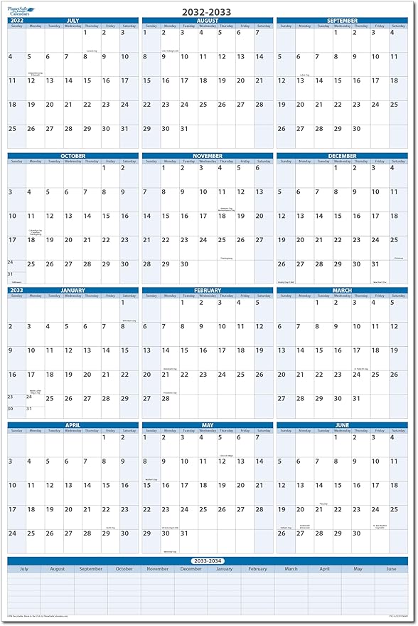 Fiscal/Academic Split Year July 2032 to June 2033 Vertical 12 Month Wall Calendar 36" x 24" - Dry & Wet Erasable with Next Year Planner Area. Complete with Fine tip Dry-erase Marker and Eraser