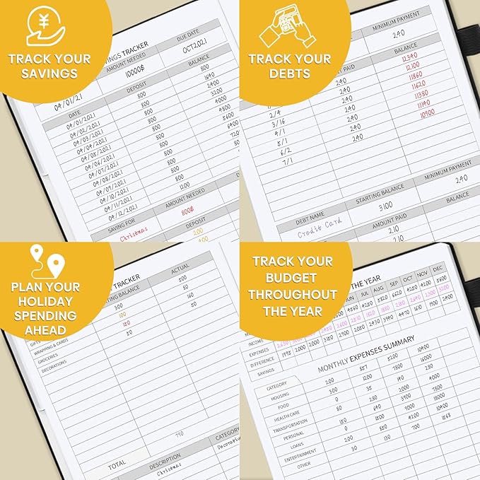 Budget Planner with Monthly Tabs - 7" x 10" Hardcover Budget Book, Monthly Bill Organizer with Pockets, Undated Finance Planner with Expense Tracker Notebook to Take Control Your Money- Black