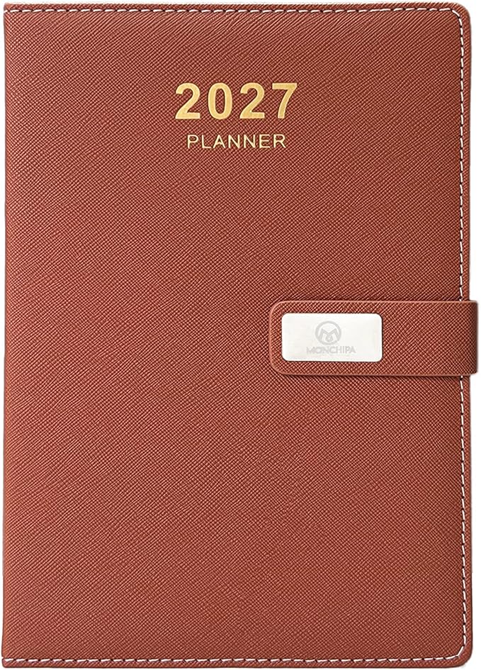2027 Daily Planner – One Page Per Day, 12-Month Calendar (Jan–Dec 2027), Hourly Appointment Book, 5.7" x 8.26" Leather Cover, Thick Paper – Hourly, Daily & Monthly Organizer (Brown)