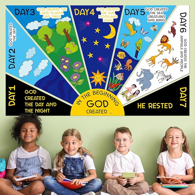 Christian Bulletin Board Set Religious Easter Classroom Decoration 7 Days of Creation Decor God Created The World Educational Paper Cutout for Church Back to School Chalkboard Nursery Teacher Supplies