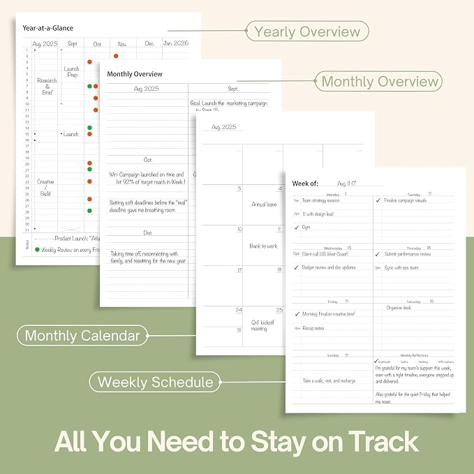 Undated Weekly Planner, 8.5" x 11", Dashboard Layout with Yearly Review, Monthly Calendars, & Weekly To Do List, Spiral Bound Organizer for Work, Study & Life (Green)