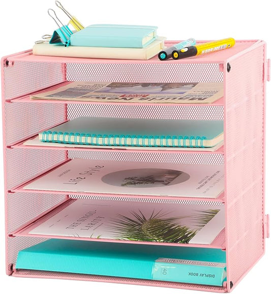 EASEPRES 5 Slot Mesh Desk Organizer Tray, File Paper Letter Folder Holder Desktop Paper Sorter Mail Organization Rack Storage Accessories, for Office Home School Classroom, Pink