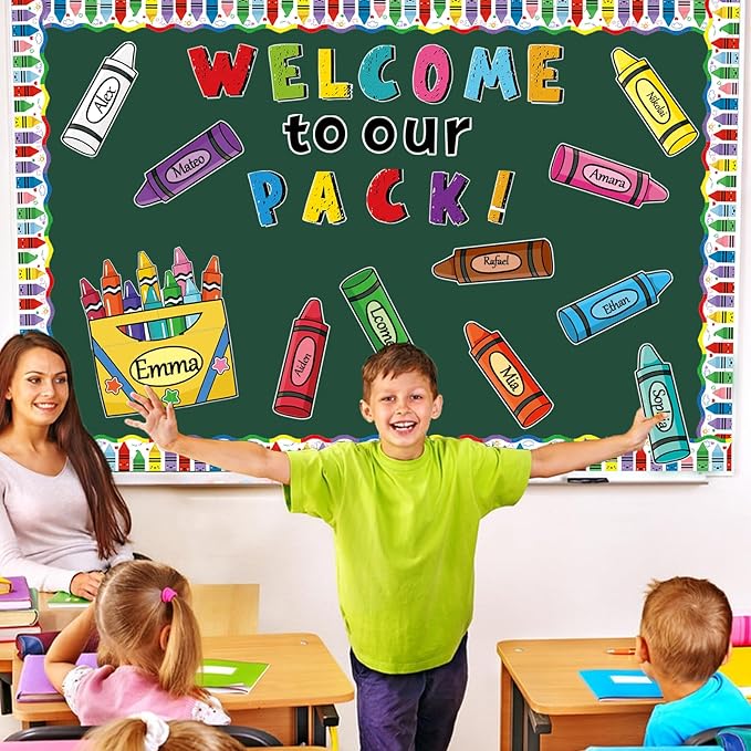 87Pcs Classroom Bulletin Board Decorations Set，Back to School Crayon Themed Classroom Decor Colorful Crayons Name Tags with Border, for School Classroom Door Home Wall Decorations Party Supplies