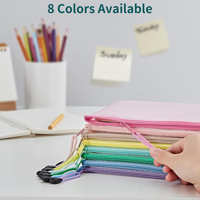 JARLINK 16pcs Mesh Zipper Pouch for Organizing, A5 Size Waterproof Zipper Storage Bags, 8 Colors Plastic file Pouch, Multipurpose for Travel, School, Board Game, Puzzles, Office, and Home Organize