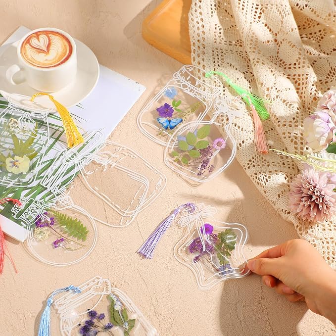 TaoBary 152 Pcs DIY Transparent Dried Flower Bookmark Set Handmade DIY Bookmarks with Dried Pressed Flowers Leaves Butterfly Stickers Colorful Tassels and Tweezers for Reader Writer (Pastel Color)