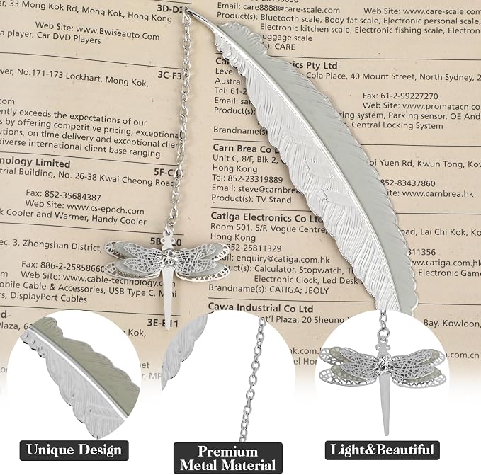 Jeffdad Feather Metal Bookmark with 3D Dragonfly Pendant, Glow in The Dark Butterfly, Fantasy Gifts for Women Girls, Cool Bookmarks for Book Lovers (Silver Dragonfly)
