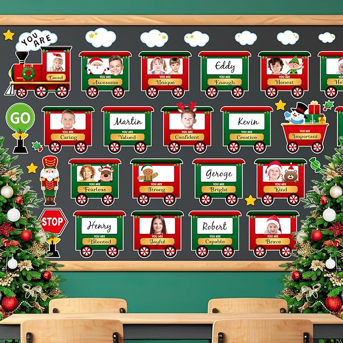 42 Pcs Christmas Train Affirmation Station Bulletin Board Decoration Train Motivational Growth Mindset Cutouts Inspirational Classroom DIY Craft Photo for School Office Party Supplies