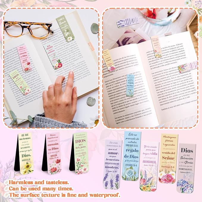 Haooryx Spanish Bible Verse Magnetic Bookmark - 48pcs Floral Spanish Scripture Verse Inspirational Magnetic Clip Bookmark Religious Motivational Page Marker Christian Gift Church Christmas Party Favor