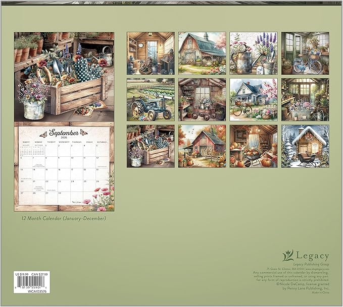 Legacy Publishing Group 2026 Wall Calendar 12-Month Schedule Organizer 12 x 13 Inch Paper With Brass Grommet Gardening